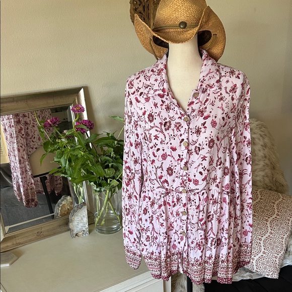 Spell Tops - Cute boho floral light pink button down balloon sleeve tunic top blouse XL